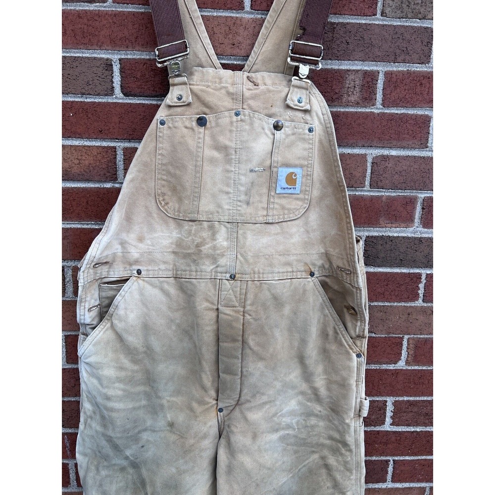 Vintage Carhartt Bib Overalls Quilted Lined Distressed Workwear Size 36x30 Brown - Picture 4 of 15